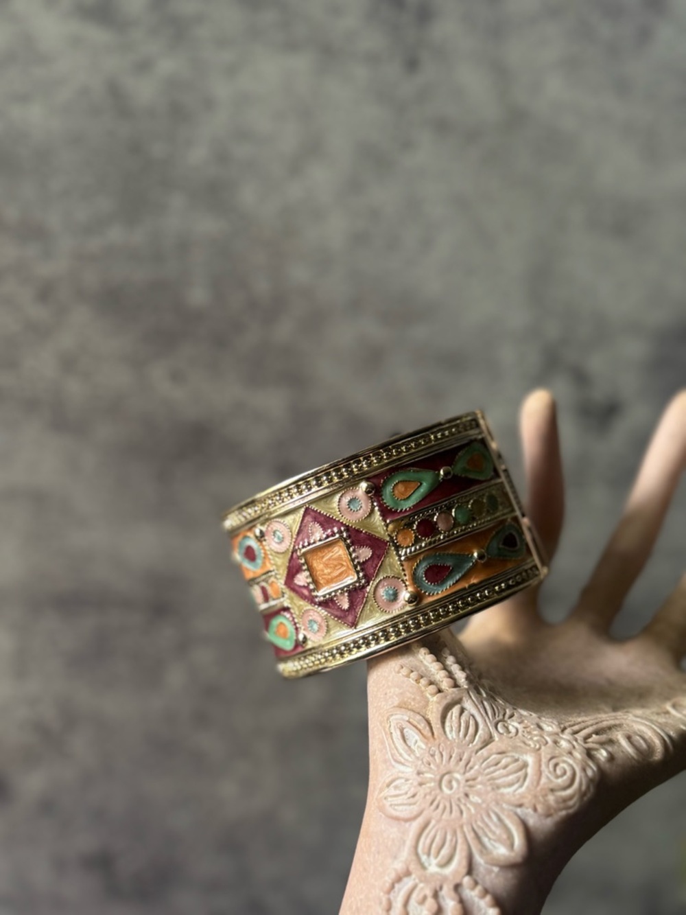 Vintage Enamel Cloisonne Hinged Cuff Bracelet Colorful Egyptian Revival